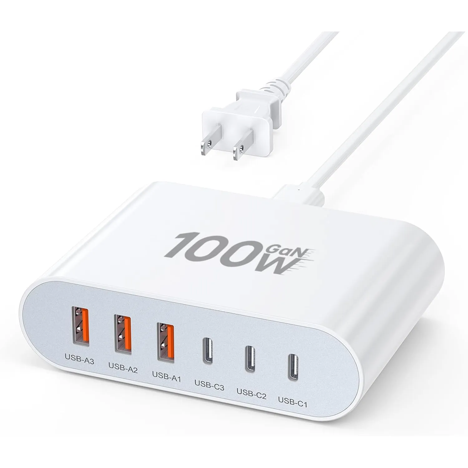 Cargador Rápido Usb C 100w Gan 6 puertos (3 Usb C y 3 Usb A) Estación de carga