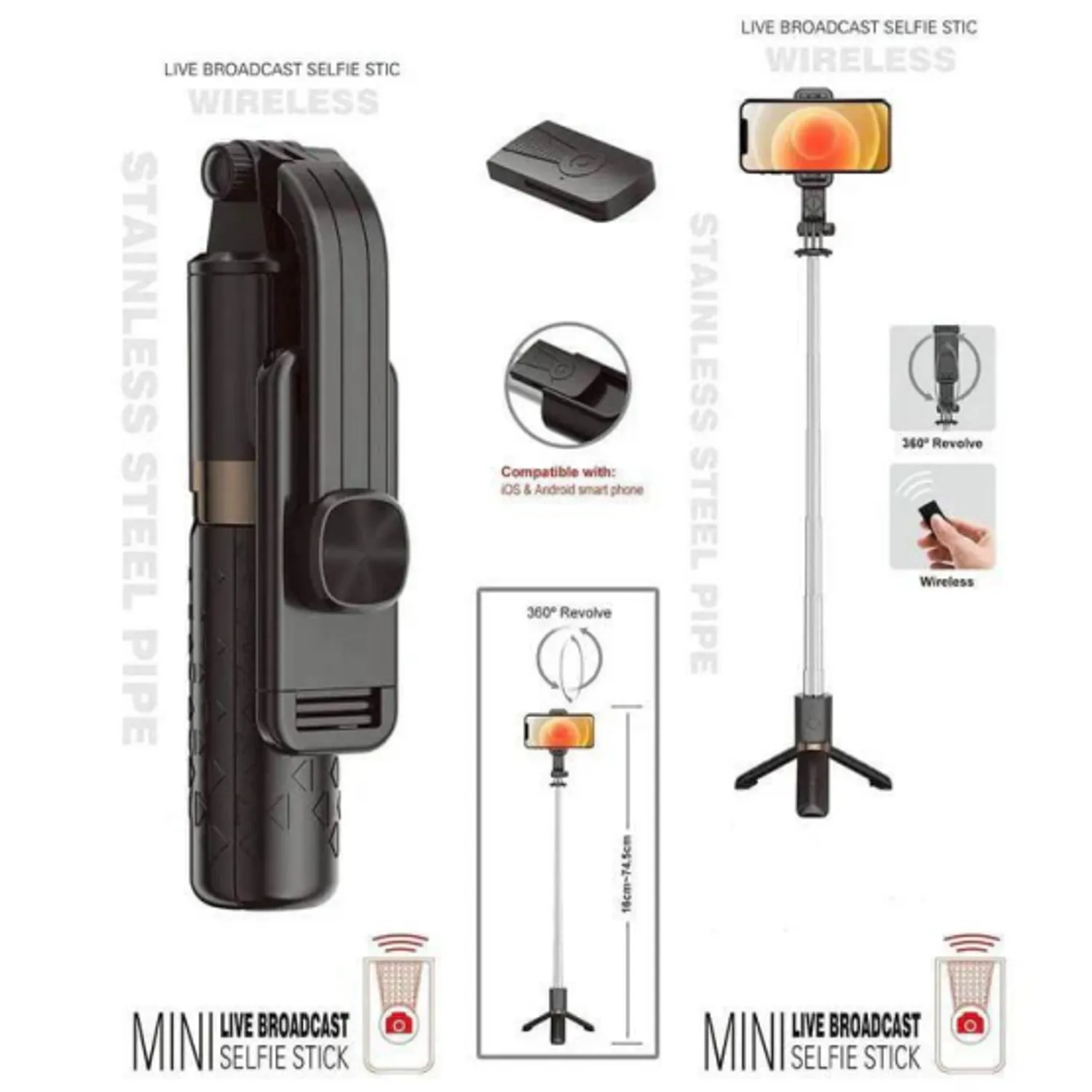 Trípode Ajustable 73 cm con Control Bluetooth y Soporte Giratorio para Celular